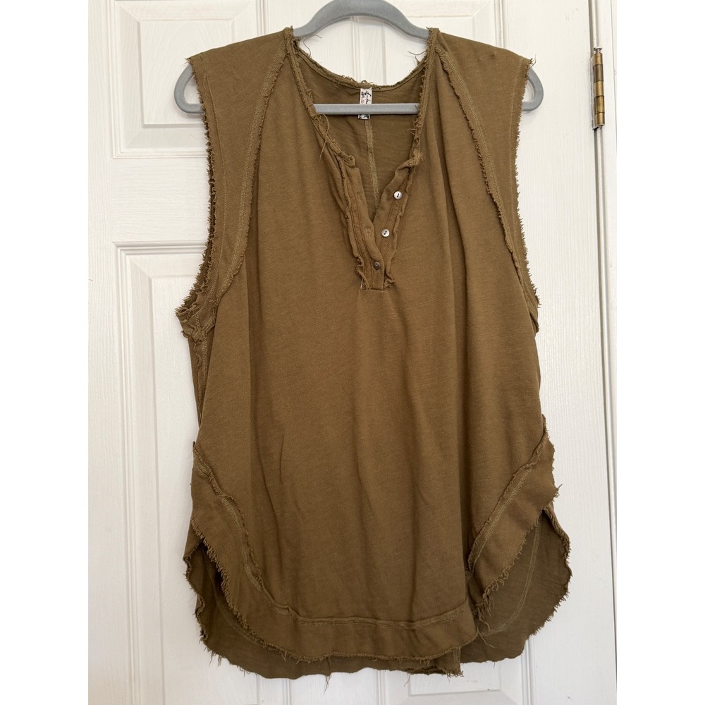 Free People Intimately M Henley Tank Top Olive Brown Organic Cotton Raw Edge Boo